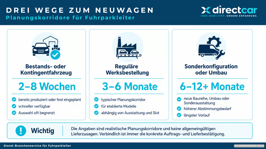 Planungskorridore für Bestandsfahrzeuge, Werksbestellungen und Sonderkonfigurationen im Fuhrpark