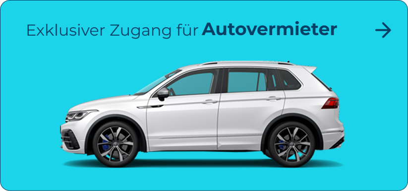 Weißer SUV mit Text 'Exklusiver Zugang für Autovermieter' auf blauem Hintergrund