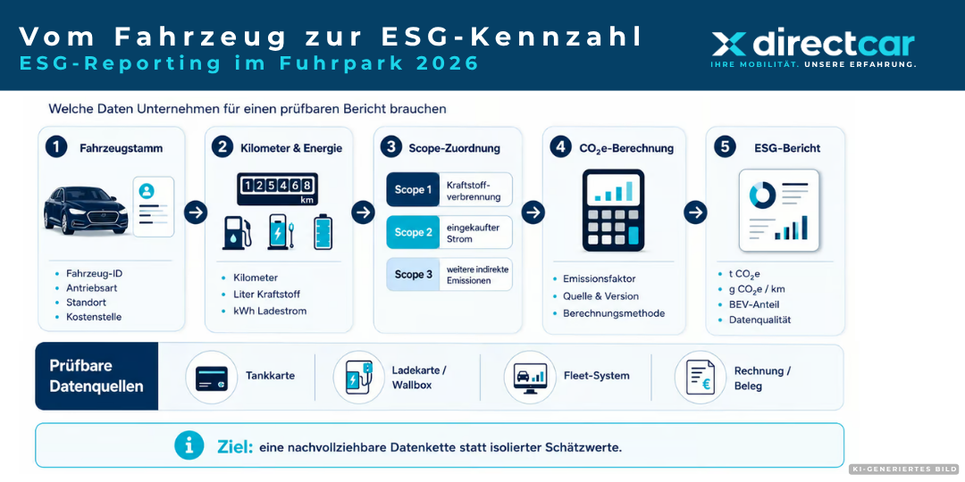 Datenfluss vom Fahrzeug über Kilometer, Kraftstoff und Ladestrom bis zur ESG-Kennzahl im Fuhrpark